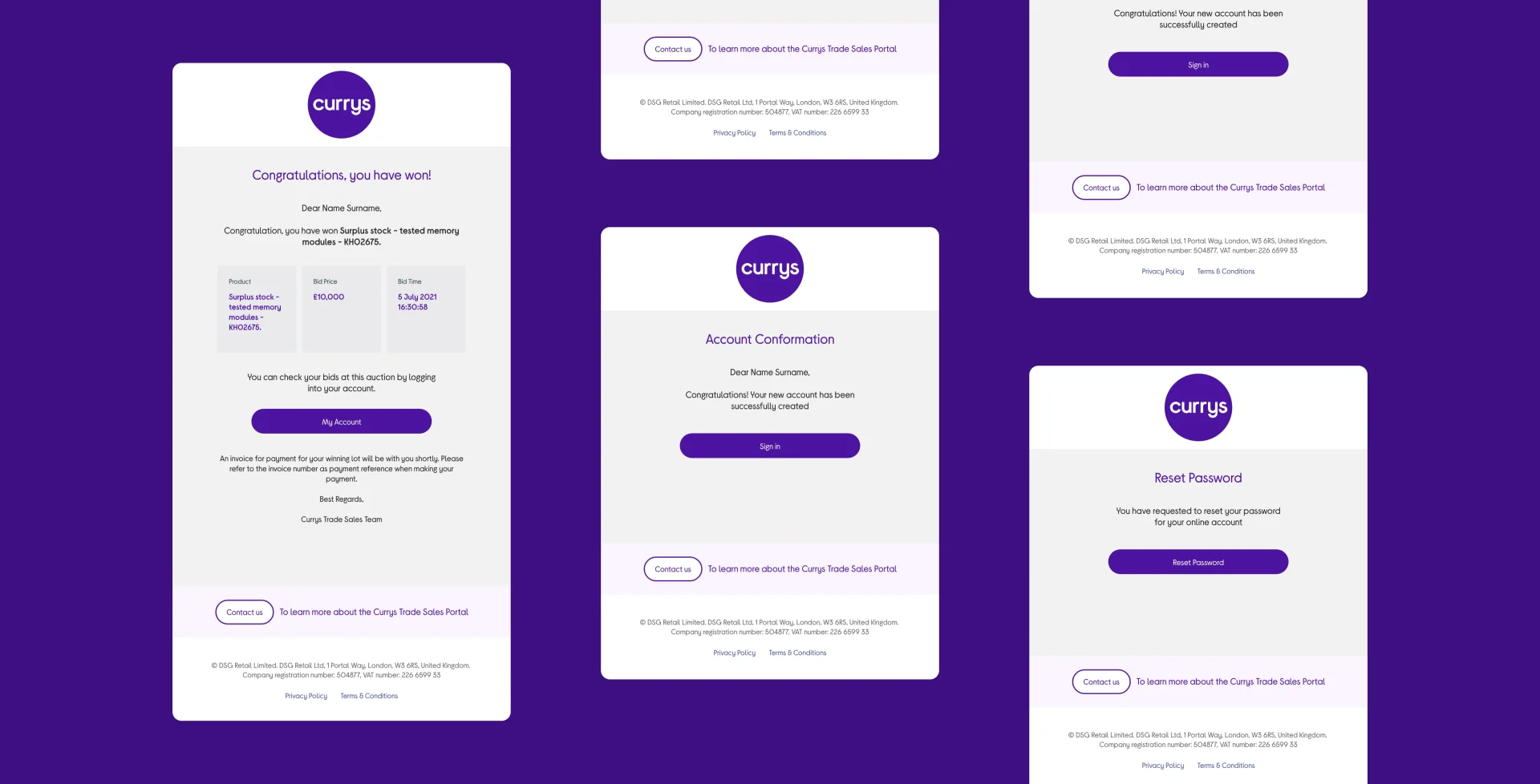 Currys auction platform custom email notifications showcasing winner confirmation, account setup, and bid notifications