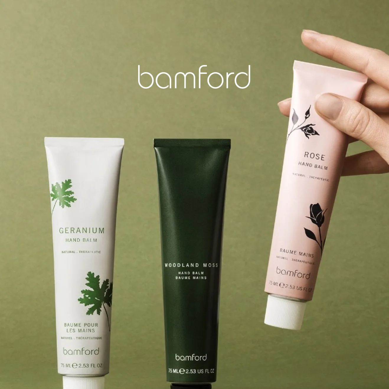 Bamford luxury skincare products displayed on soft neutral background showcasing geranium and woodland moss hand balms
