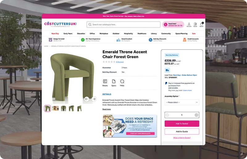 CostCuttersUK product detail page showing an Emerald Throne Accent Chair with pricing, basket and add to quote functionality