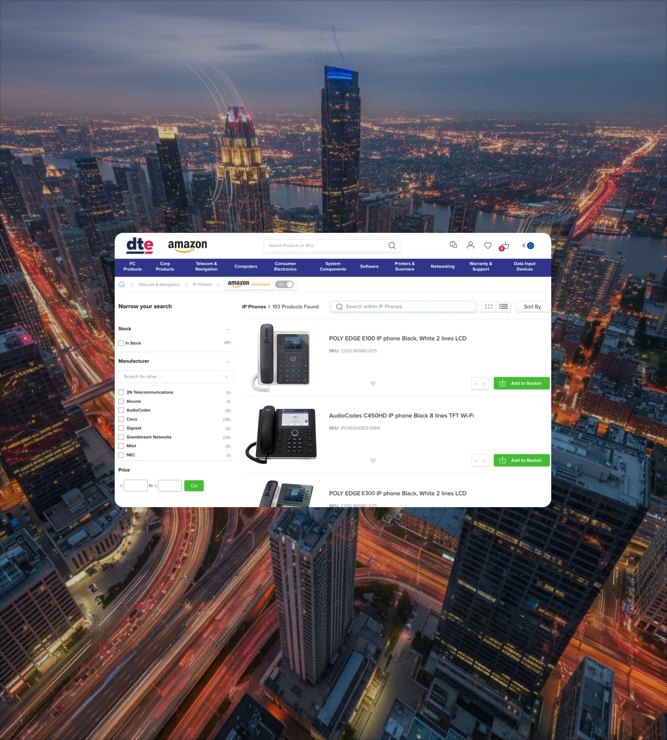 DTE Amazon storefront platform showcasing IP phones and networking products with cityscape background