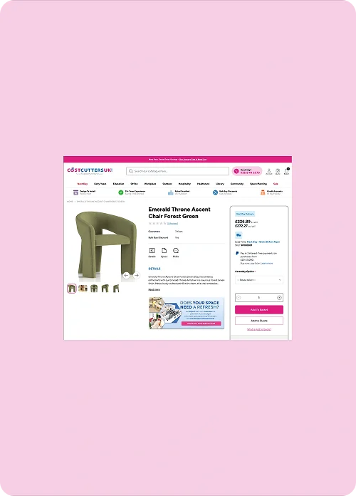CostCuttersUK desktop website mockup showing the product catalogue on a pink background