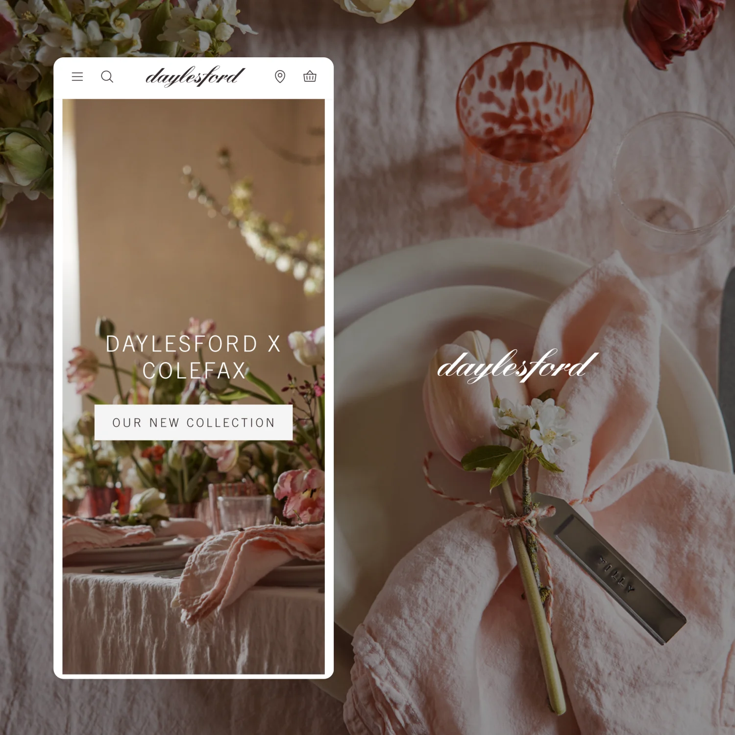 Daylesford luxury organic farm eCommerce mobile phone mockup displaying new collection launch with elegant product imagery and responsive interface