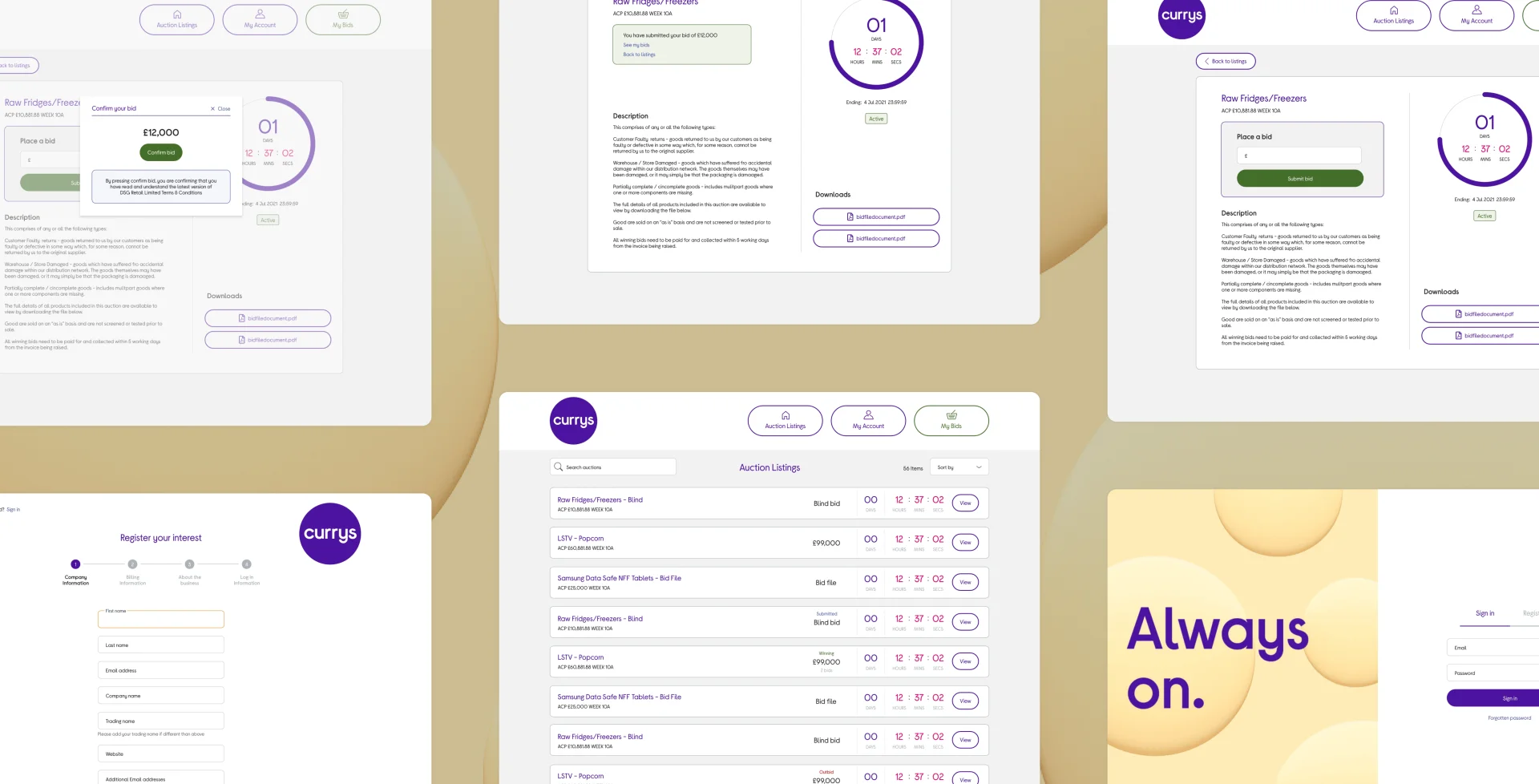 Currys B2B auction platform interface showcasing supplier management, product listings, and bidding workflow screens