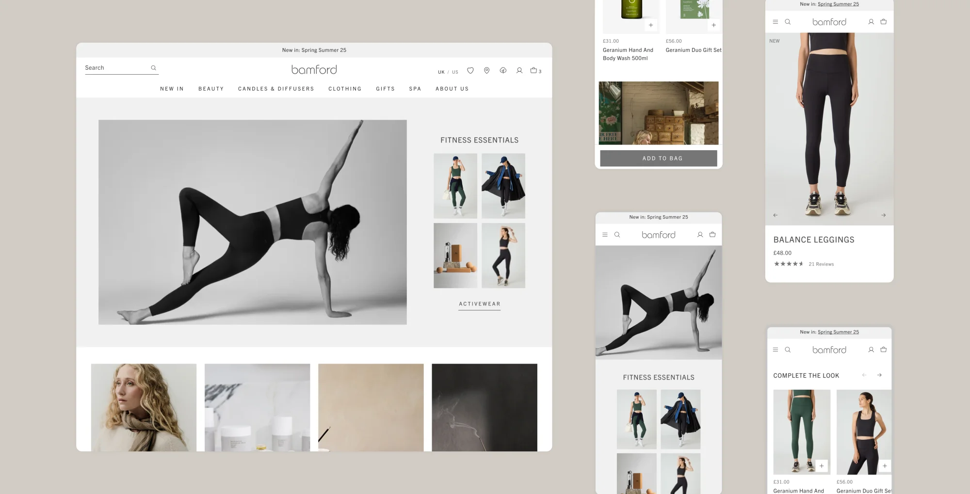 Bamford product pages showcasing fitness essentials, activewear, and complete the look sections with responsive design across desktop and mobile