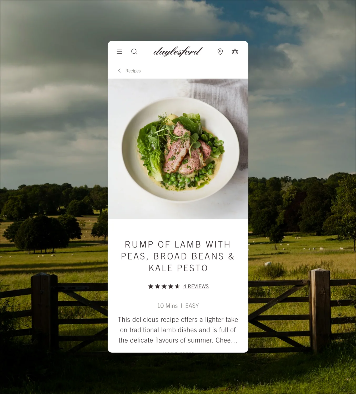 Daylesford mobile app showing organic recipe with lamb, peas, and kale pesto