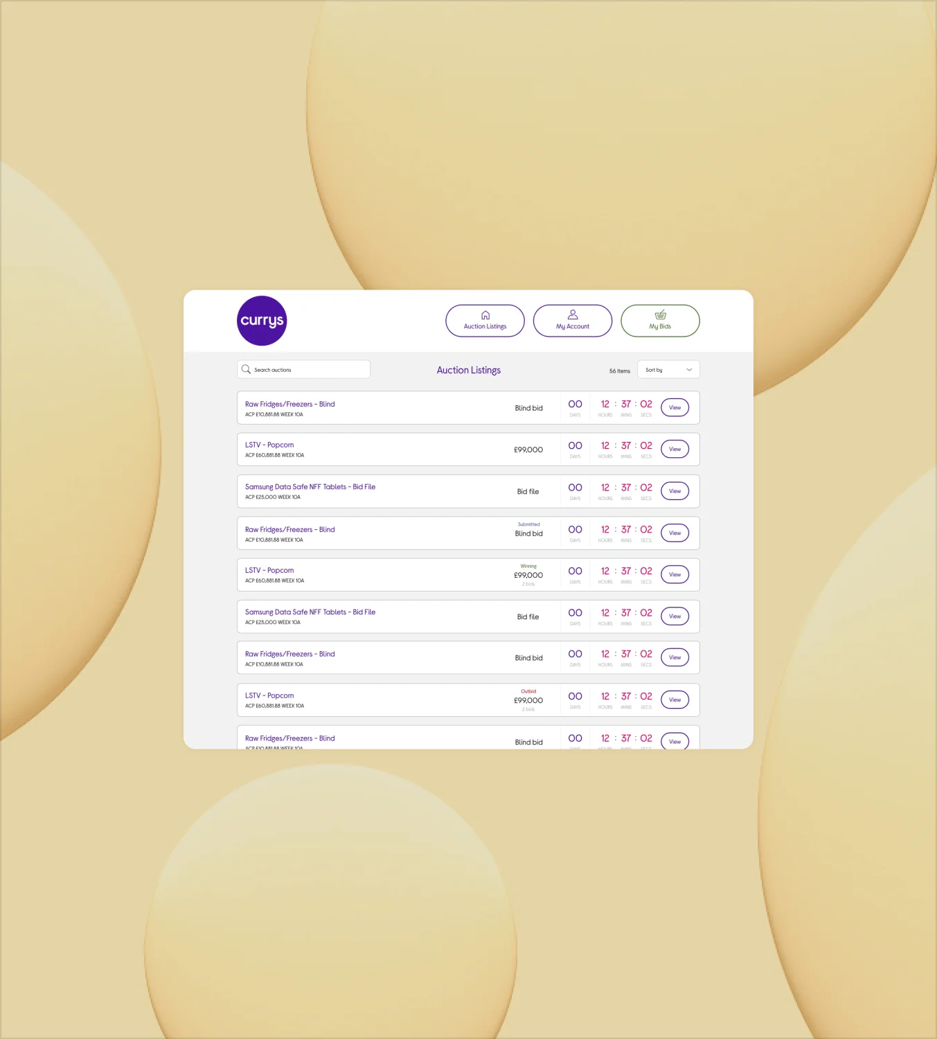Currys auction platform testing interface showing live auction listings with real-time bidding functionality and user management