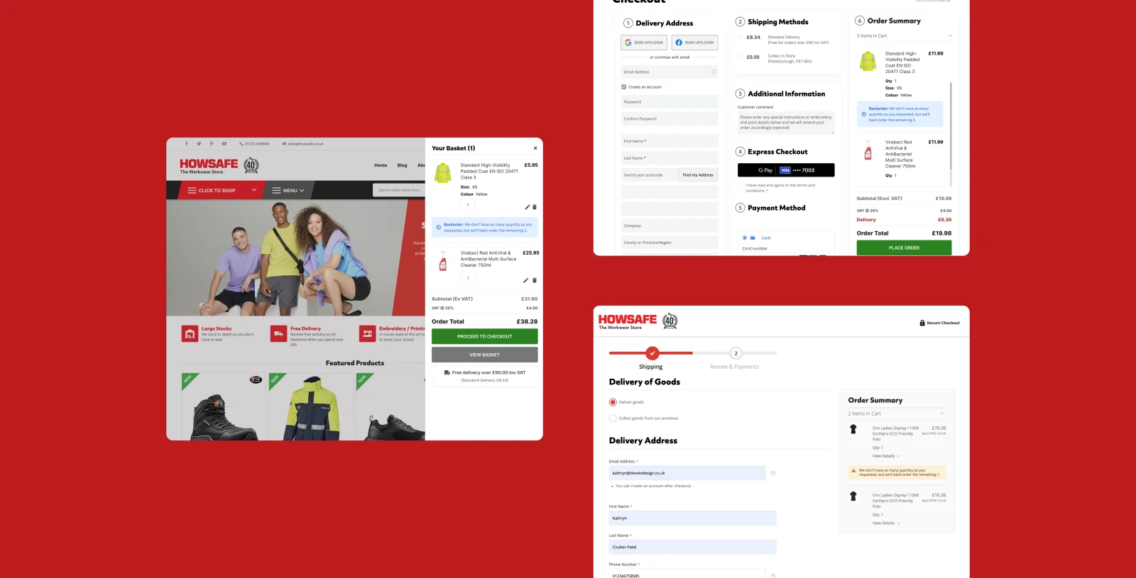 HowSafe product listing and detail pages showing high-visibility workwear and safety equipment