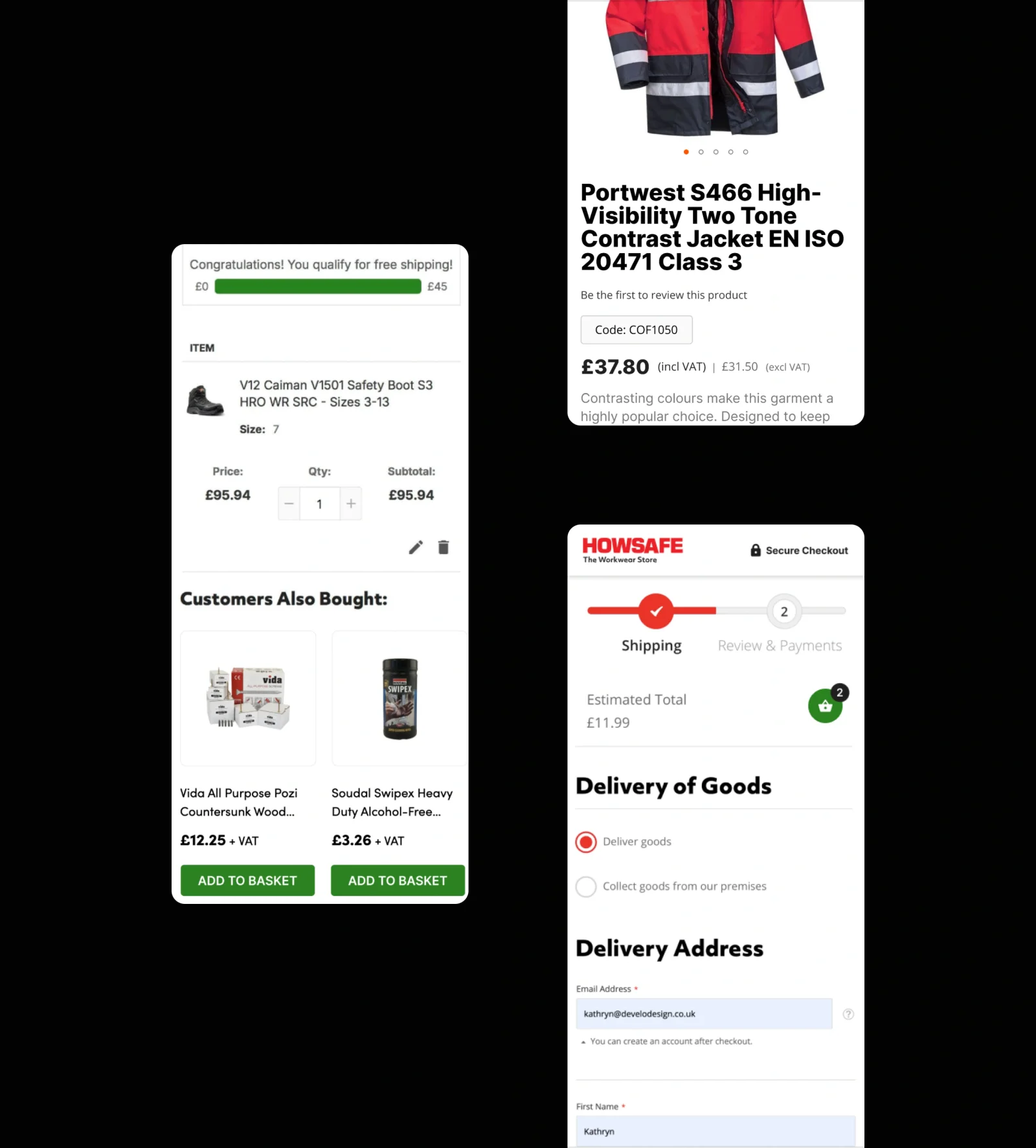 HowSafe basket showing product recommendations and free delivery messaging