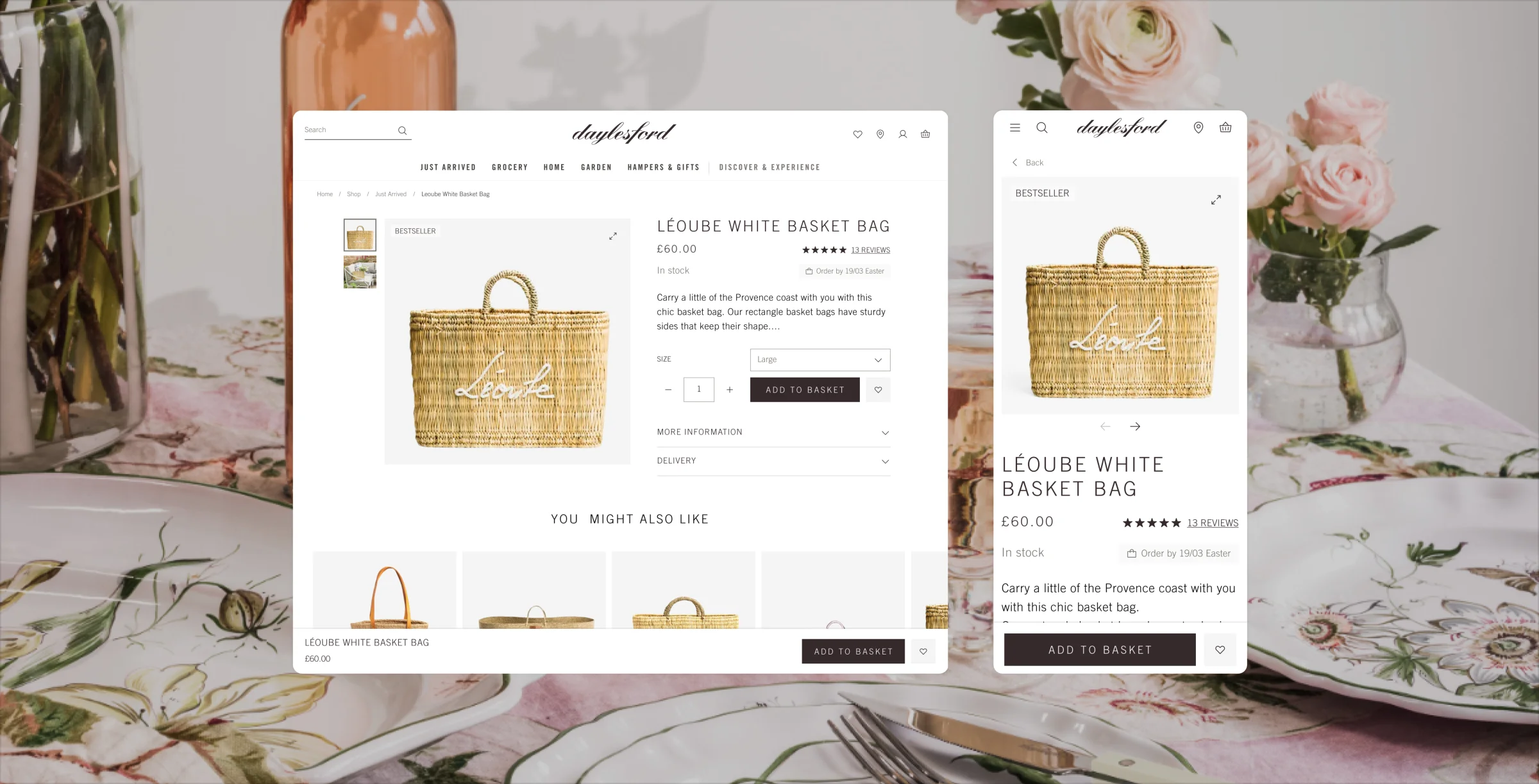 Daylesford website product detail pages showcasing premium organic products and basket functionality across desktop and mobile devices