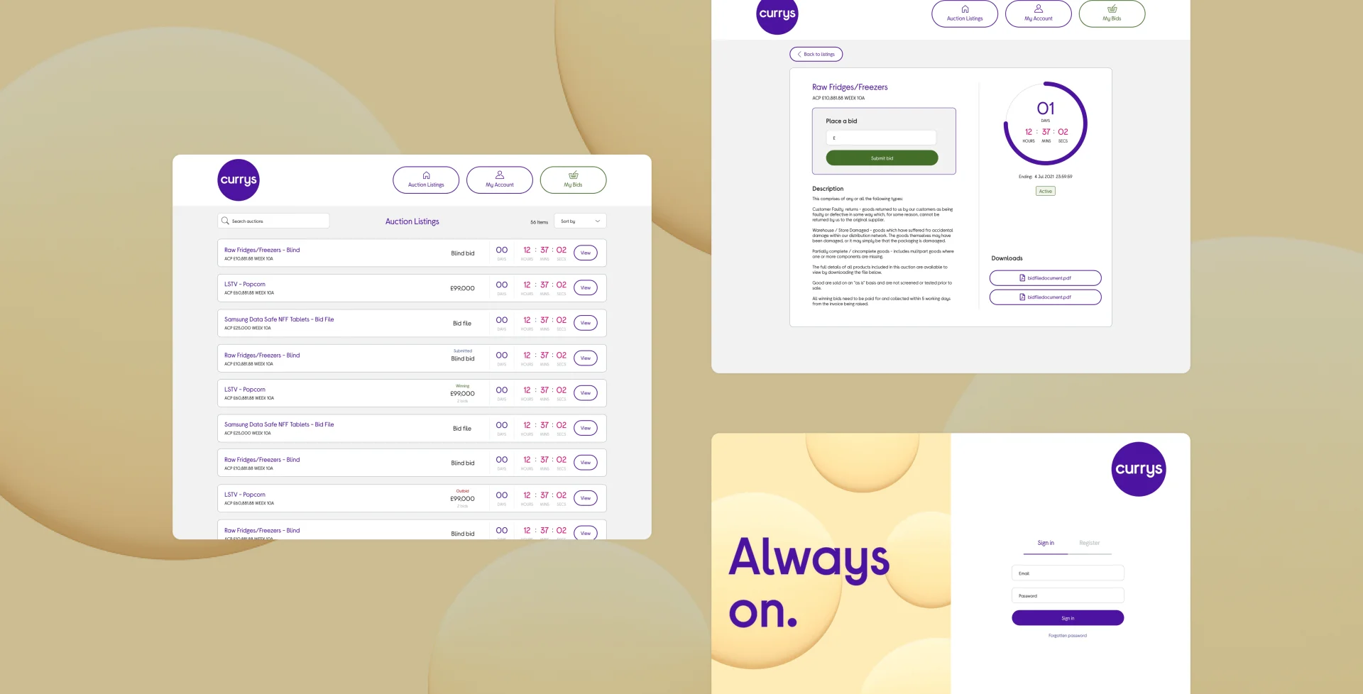 Currys auction platform automated reporting dashboard showing real-time auction metrics, KPIs, and bid activity analytics