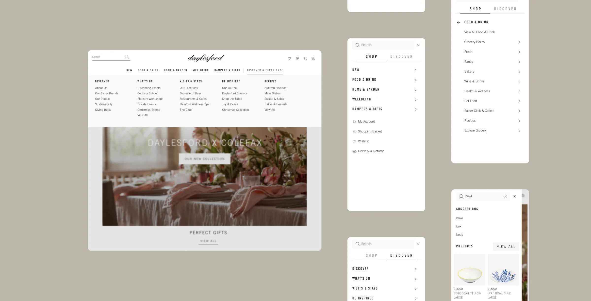Daylesford website navigation showcasing Shop and Discover menu structure