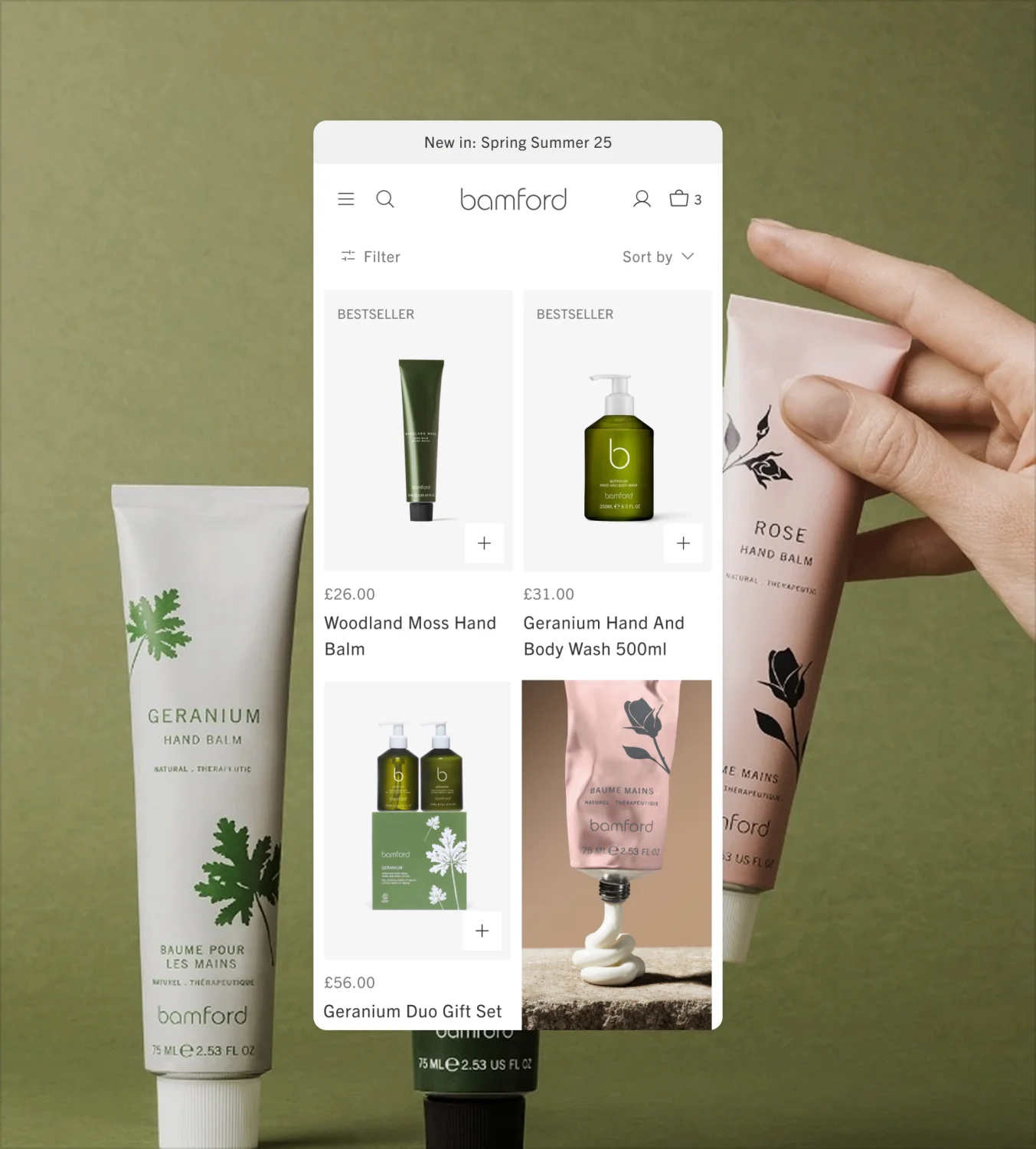Bamford spring product collection featuring skincare and wellness items with smart search and category filters