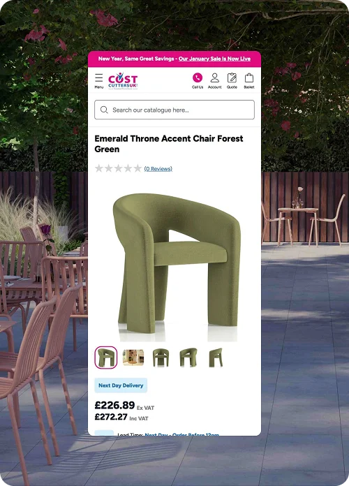 CostCuttersUK mobile website mockup showing the product detail page overlaid on an outdoor lifestyle background