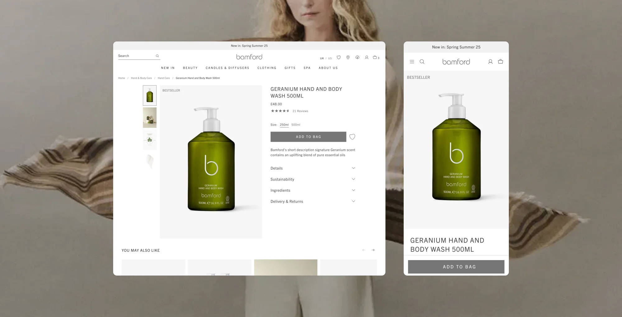Bamford Geranium Hand and Body Wash product detail page showing desktop and mobile views with product information and add to bag functionality