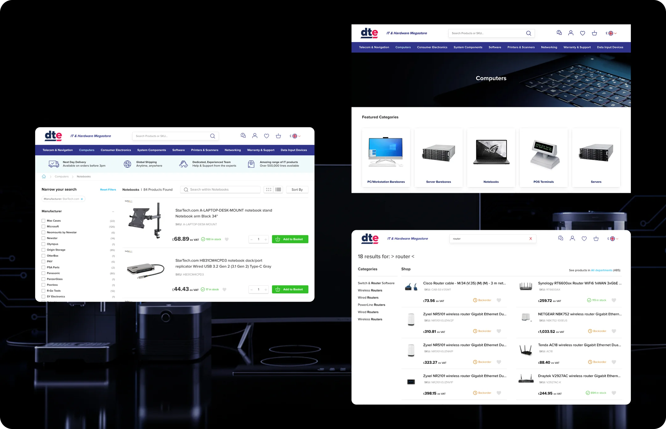 DTE Magento B2B platform showcasing product categories, computer hardware, and search functionality across multiple device views