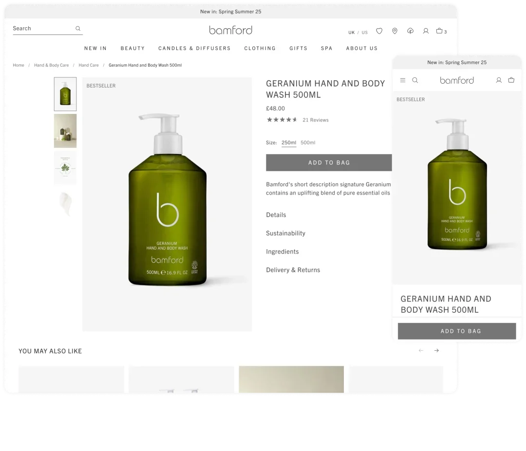Bamford eCommerce website on desktop and mobile, with a 92% increase in conversions since launch