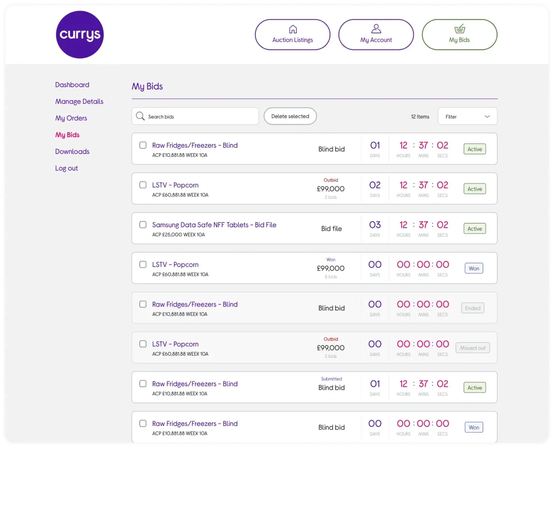 Currys custom B2B auction platform, where bid placement became 300% faster