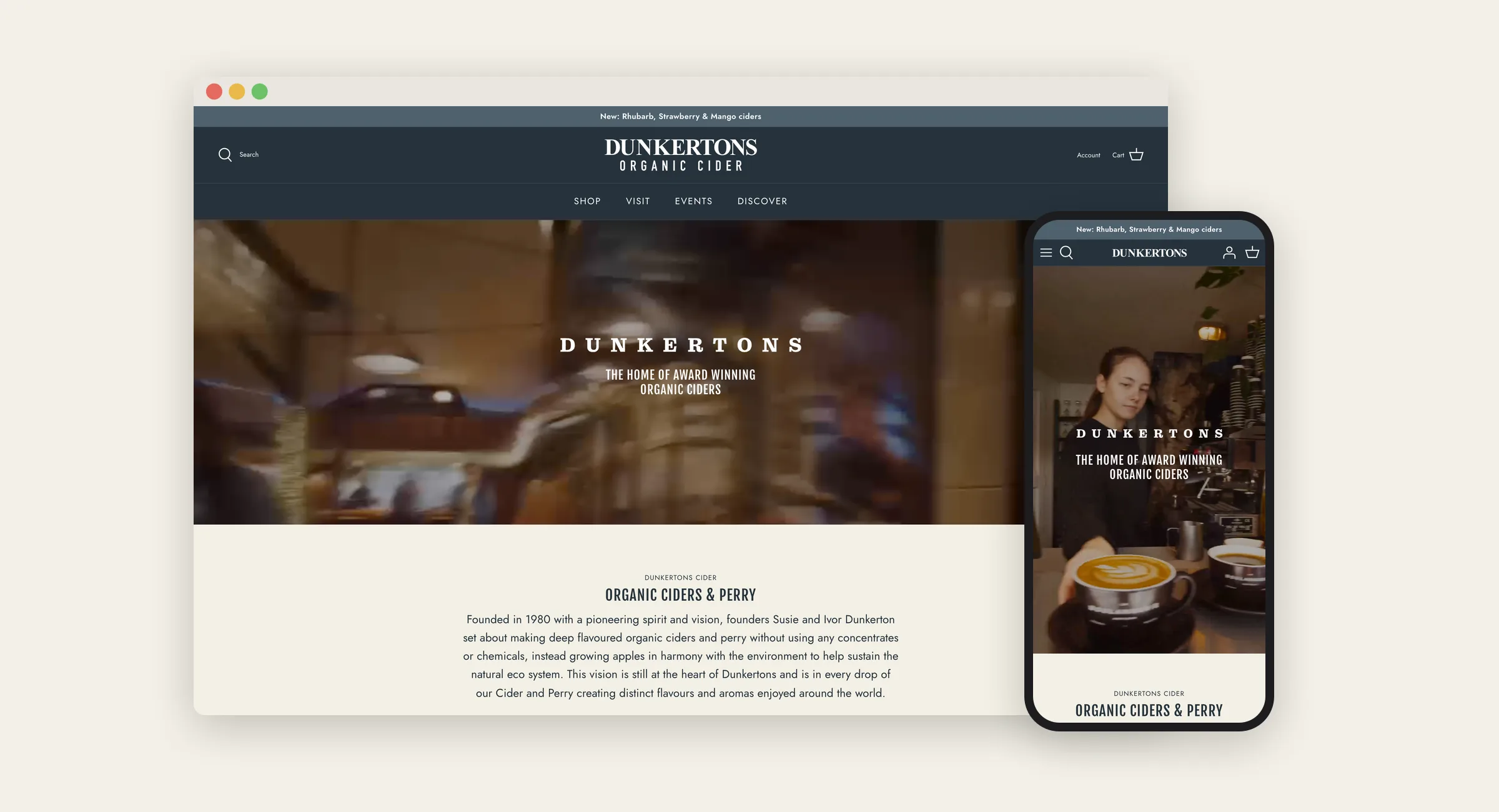 Shopify website design and development for Dunkertons Cider, shown on desktop and mobile