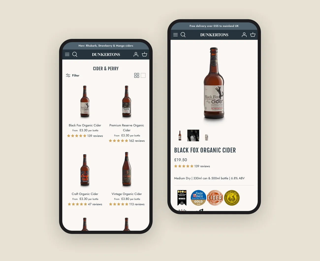 Mobile Shopify collection and product page design for Dunkertons Cider
