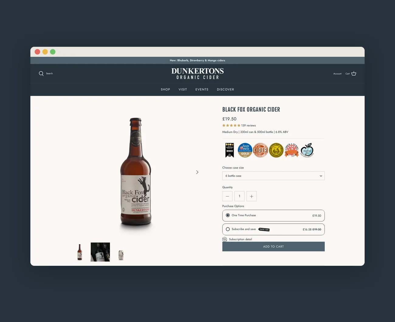 Custom Shopify product page for Dunkertons Cider with case sizes and subscribe and save options