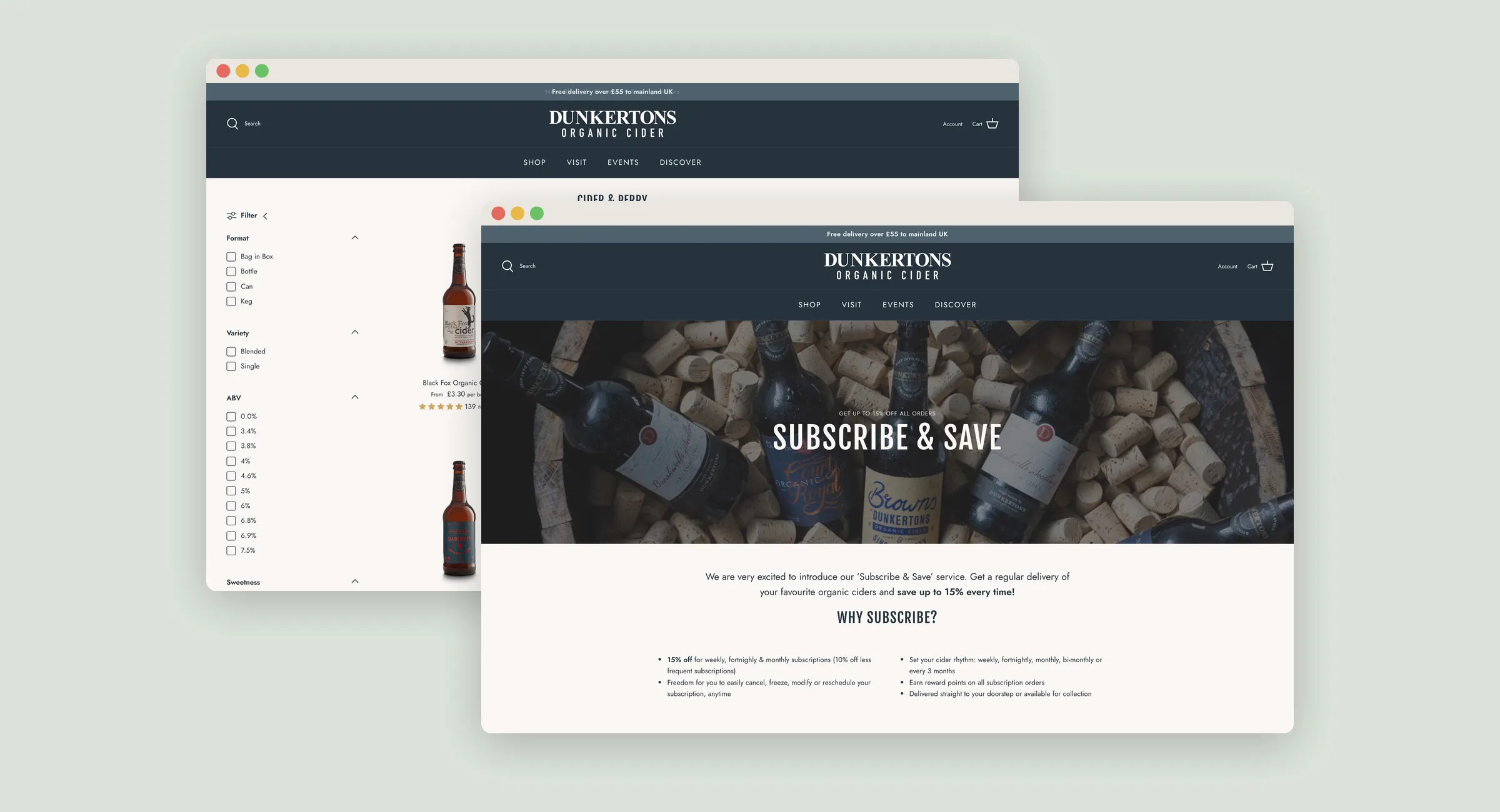 Shopify collection filtering and subscription page for Dunkertons Cider
