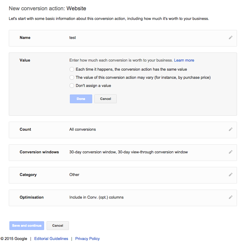 Conversion value setup on Adwords conversion tracking